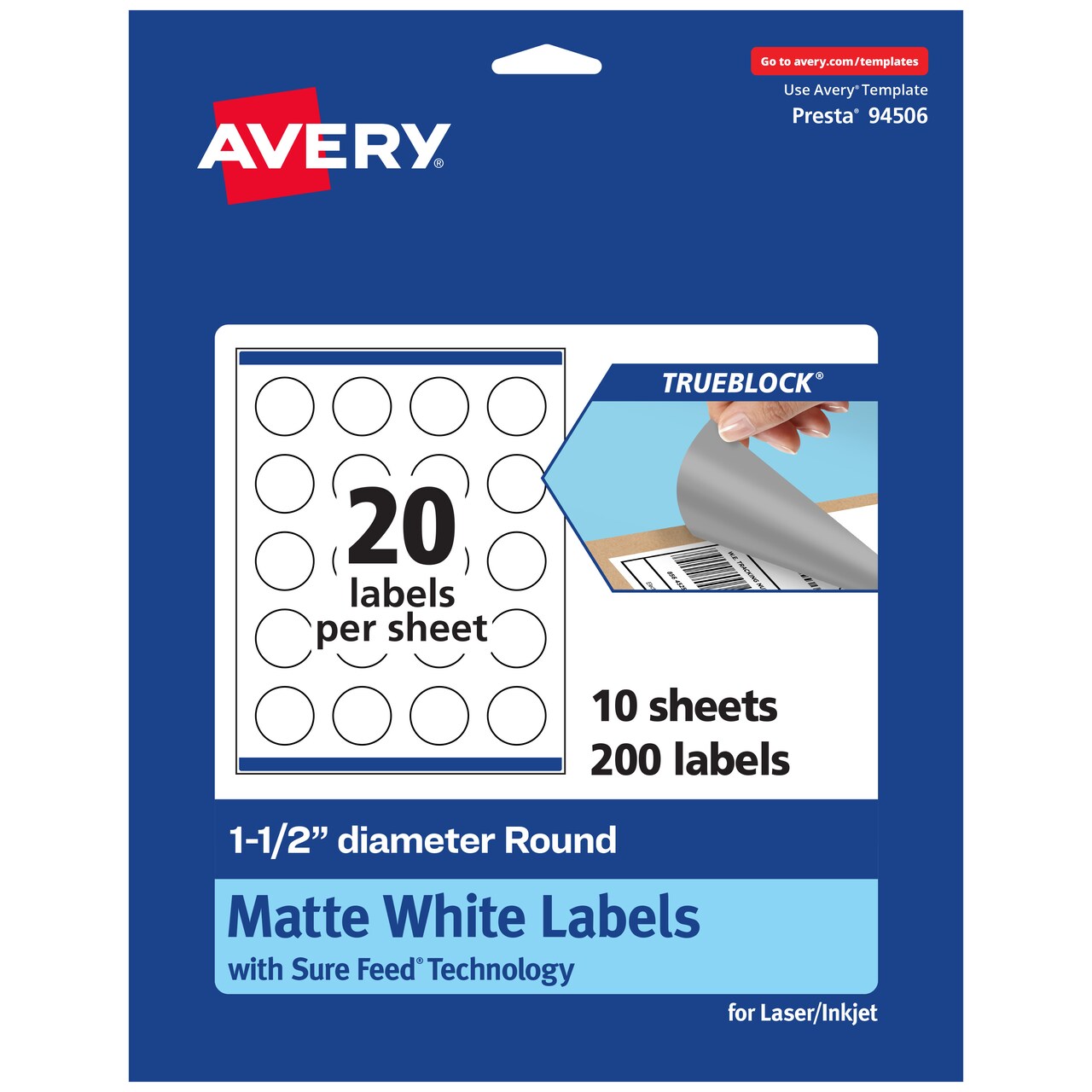 Avery TrueBlock Matte White Paper Labels, 1-1/2" diameter Round